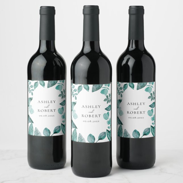 Elegant Teal Greenery Personalized Wedding Bottle Wine Label (Bottles)