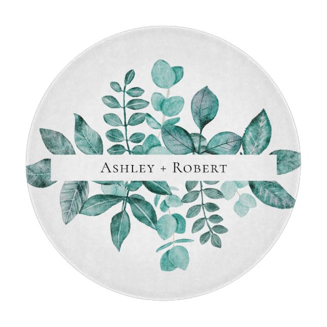 Elegant Teal Greenery Watercolor Modern Wedding Cutting Board (Front)