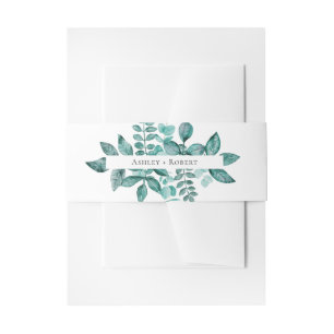 Elegant Teal Greenery Watercolor Modern Wedding Invitation Belly Band