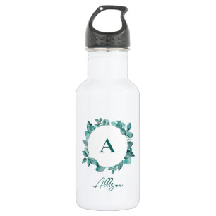 Elegant Teal Greenery Watercolor Monogram 532 Ml Water Bottle