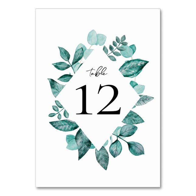 Elegant Teal Greenery Watercolor Wedding Table Number (Front)