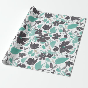 Elegant Teal Grey Brown Clematis Floral Pattern Wrapping Paper