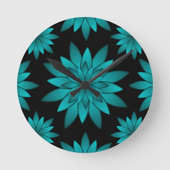 Elegant Teal Leaf Flower on Black Background Round Clock (Front)