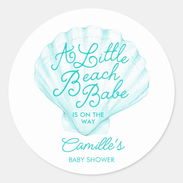 Elegant Teal Little Beach Babe Baby Shower Classic Round Sticker (Front)