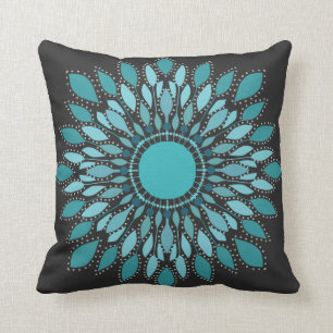Elegant Teal Lotus Flower Mandala Throw Pillow