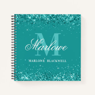 Elegant Teal Monogram Blue Green Glitter Notebook