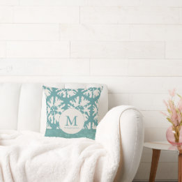 Elegant Teal Monogram Christmas Star Throw Pillow