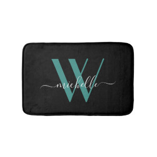 Elegant Teal Monogram Initial Name Script Girly Bath Mat