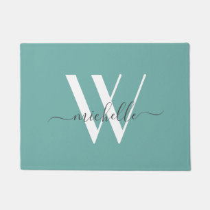 Elegant Teal Monogram Name Script Doormat