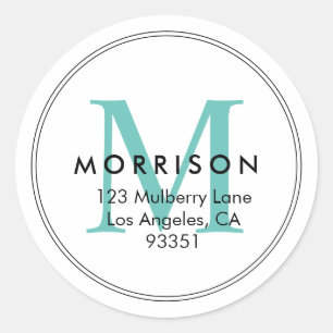 Elegant Teal Monogram Return Address Classic Round Sticker