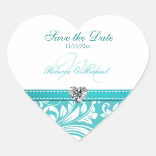 Elegant Teal Monogram Save the Date Wedding Heart Sticker