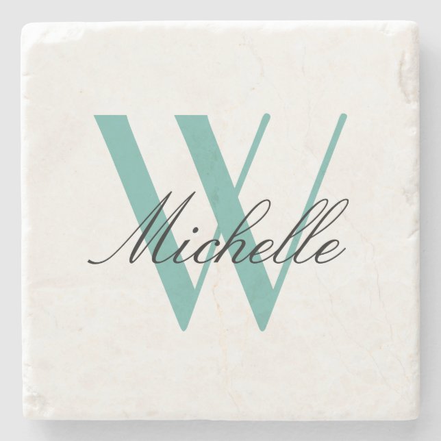 Elegant Teal Monogram Script Name Stylish  Stone Coaster (Front)