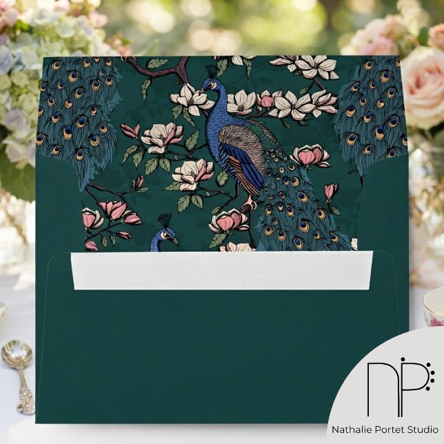 Elegant Teal Monogrammed Peacock Return Address Envelope (Hand-drawn blue peacocks with teal feathers on magnolia branches with flowers for modern stationery)