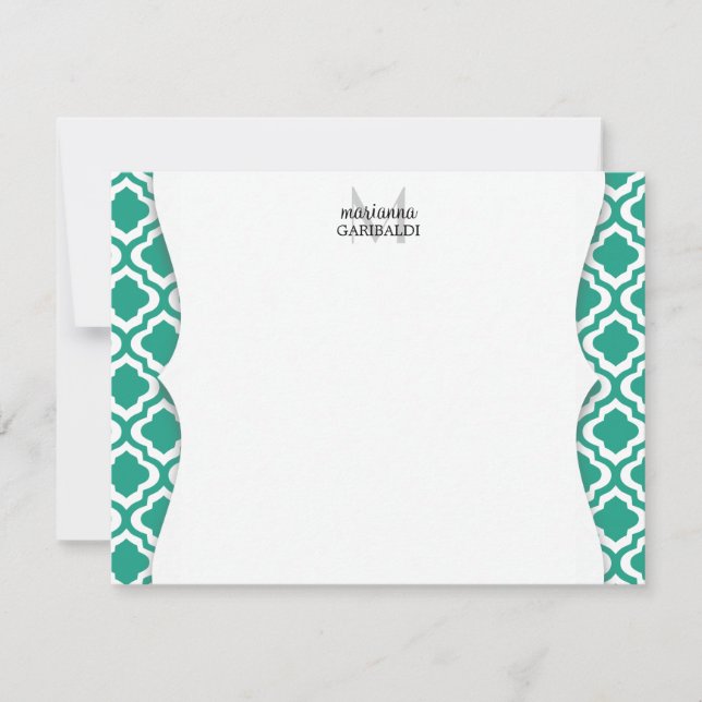 Elegant Teal Moroccan Quatrefoil Personalized Card (Front)