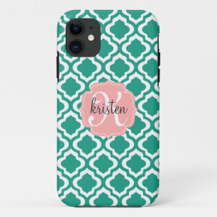 Elegant Teal Moroccan Quatrefoil Personalized iPhone 11 Case