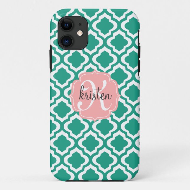 Elegant Teal Moroccan Quatrefoil Personalized Case-Mate iPhone Case (Back)