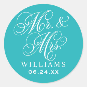 Elegant Teal Mr and Mrs Script Custom Monogram Classic Round Sticker