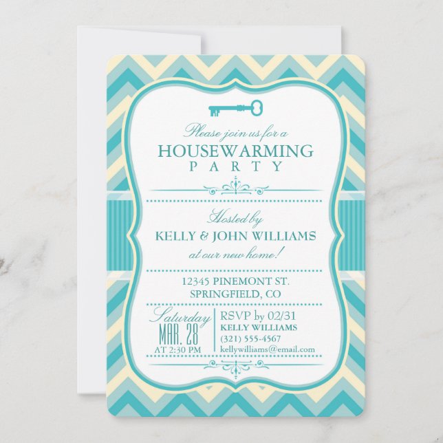 Elegant Teal & Off-White Chevron Housewarming Invitation (Front)