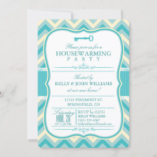 Elegant Teal & Off-White Chevron Housewarming Invitation