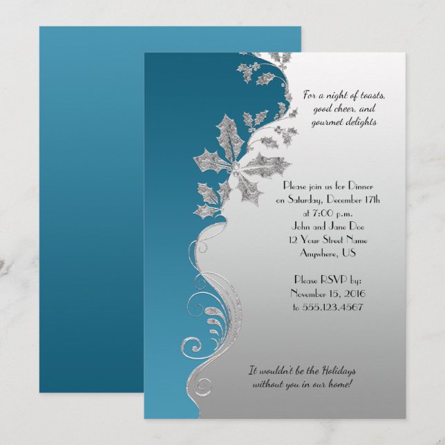 Elegant Teal Ornate Silver Holly Christmas Party Invitation (Front/Back)