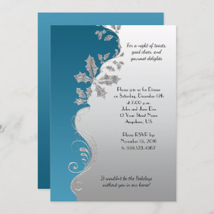 Elegant Teal Ornate Silver Holly Christmas Party Invitation