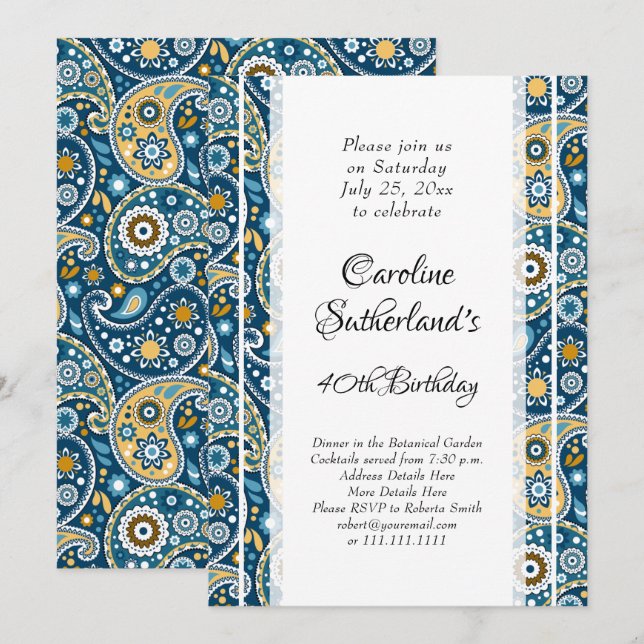 Elegant teal paisley print Birthday Party Invitation (Front/Back)