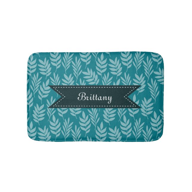 Elegant Teal Pattern With Aqua Leaves Add Her Name Bath Mat (Front)