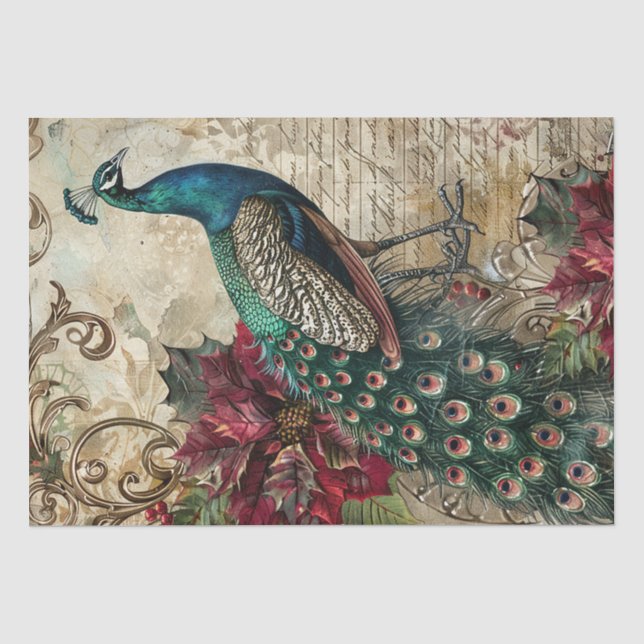 Elegant Teal Peacock Christmas Decoupage Tissue Paper (Front)