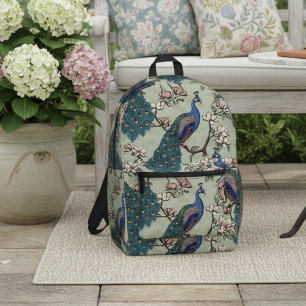 Elegant Teal Peacocks & Magnolia Flowers Green Printed Backpack