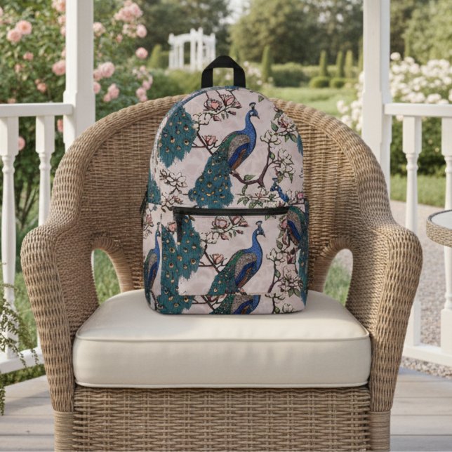 Elegant Teal Peacocks & Magnolia Flowers Pink Printed Backpack (Chic Blue & Teal Peacock in Magnolia Tree with Flowers on Blush Pink. Elegant Floral Pattern for Her)