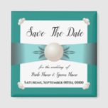 Elegant Teal Pearl Ribbon Photo Save the Date Magnet<br><div class="desc">Save the date for your wedding with a beautiful custom magnet. This square magnet features a pristine pearl and ribbon design on a timeless teal background con be displayed on you guests refrigerators or any other magnetic surface to remind them of your special day. Although this save the date reminder...</div>