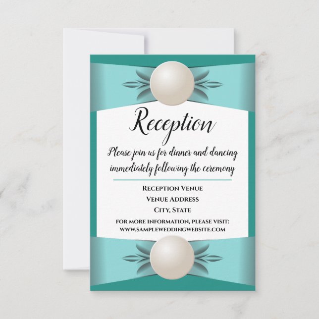 Elegant Teal Pearl Ribbon Wedding Reception Invitation (Front)