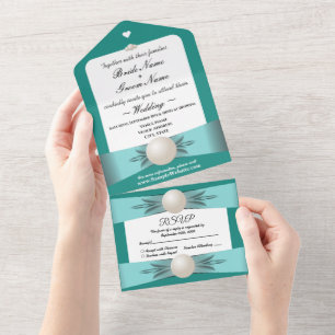 Elegant Teal Pearl Ribbon Wedding & RSVP All All In One Invitation