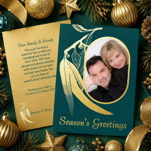 Elegant Teal Photo Eucalyptus Art Christmas Gold  Foil Holiday Card
