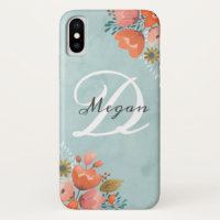 Elegant Teal Pink Floral Monogram