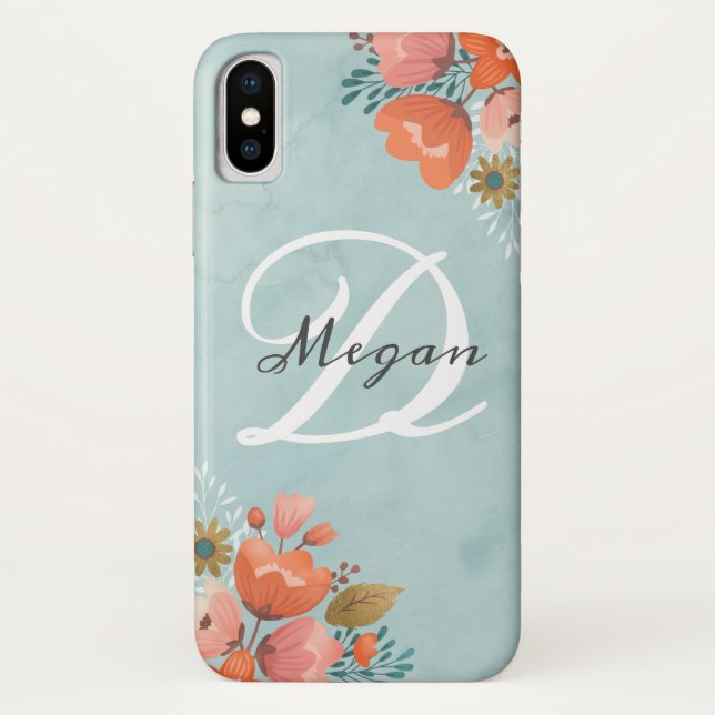 Elegant Teal Pink Floral Monogram Case-Mate iPhone Case (Back)