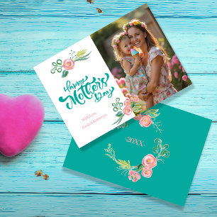 Elegant Teal & Pink Floral Mother’s Day with Photo Holiday Card