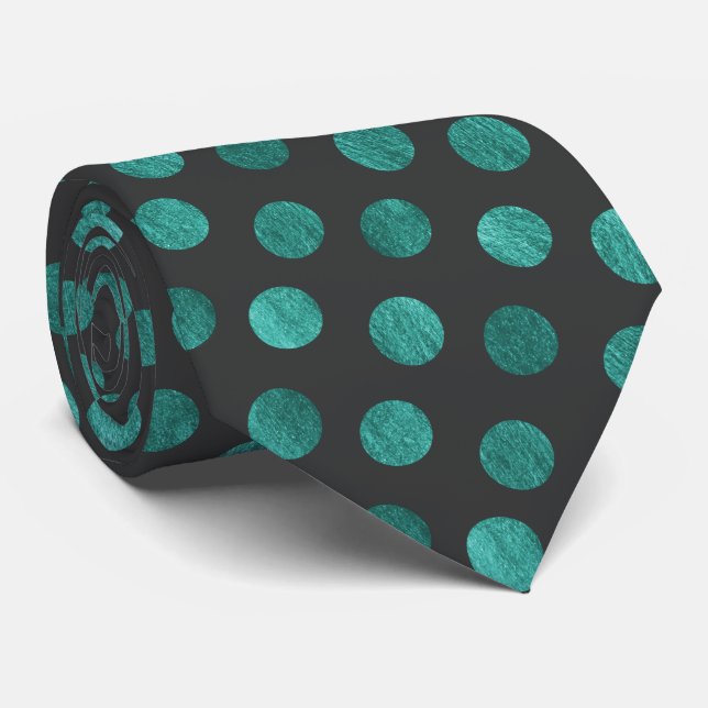  Elegant Teal Polka Dot Personalized Charcoal Grey Tie (Rolled)