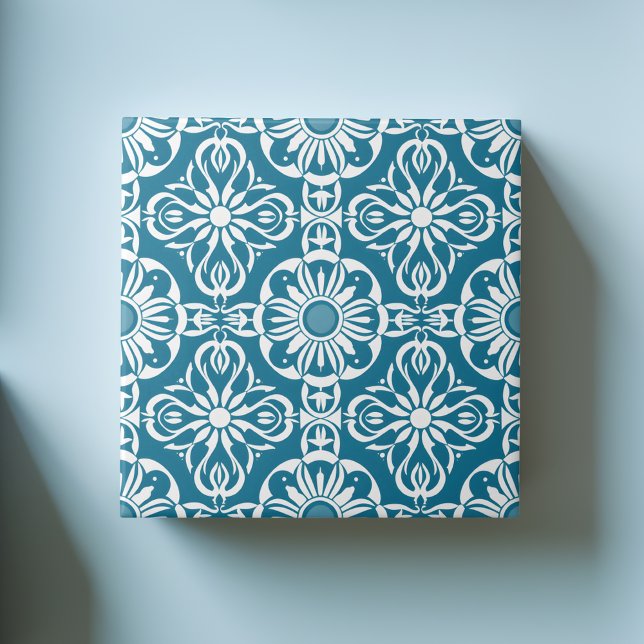 Elegant Teal Portuguese Pattern Symmetrical White Tile (Creator Uploaded)