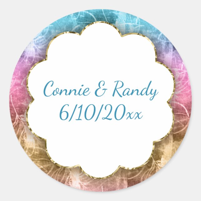 Elegant Teal Purple Gold Monogram Wedding Sticker (Front)