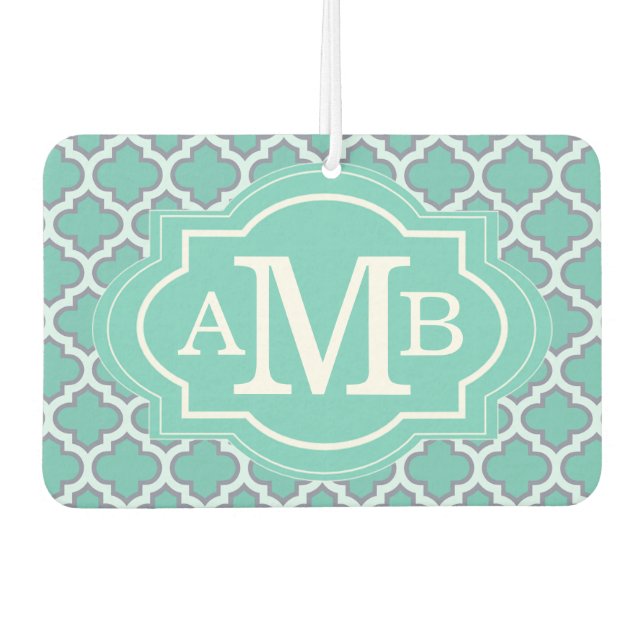 Elegant Teal Quatrefoil Pattern Custom Monogram Air Freshener (Front)
