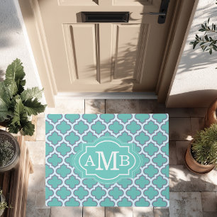 Elegant Teal Quatrefoil Pattern Custom Monogram Doormat