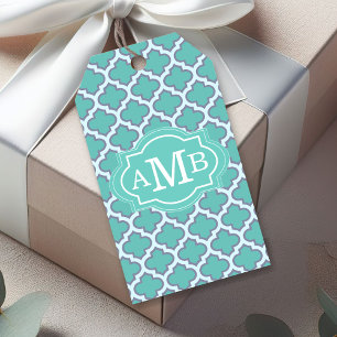 Elegant Teal Quatrefoil Pattern Custom Monogram Gift Tags