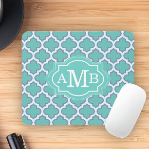 Elegant Teal Quatrefoil Pattern Custom Monogram Mouse Pad