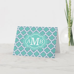 Elegant Teal Quatrefoil Pattern Custom Monogram Note Card