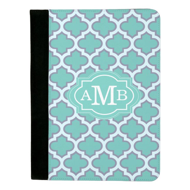 Elegant Teal Quatrefoil Pattern Custom Monogram Padfolio (Front)