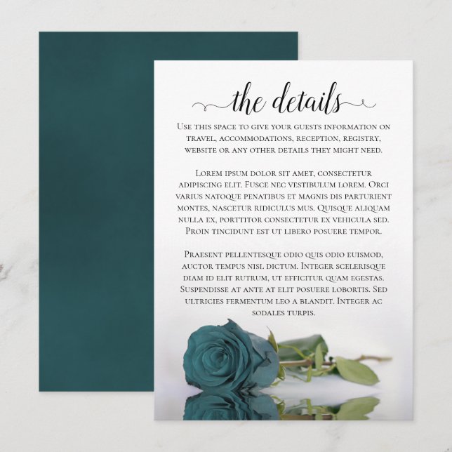 Elegant Teal Reflecting Rose Wedding Details Enclosure Card (Front/Back)