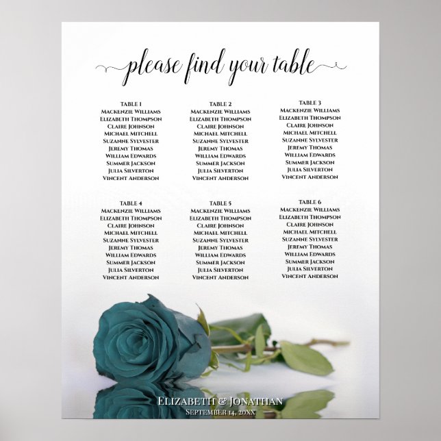 Elegant Teal Rose 6 Table Wedding Seating Chart (Front)