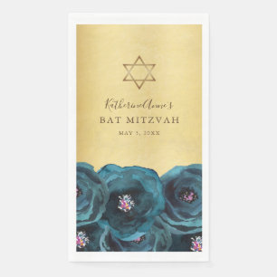 Elegant Teal Rose Floral Gold Bat Mitzvah Napkin