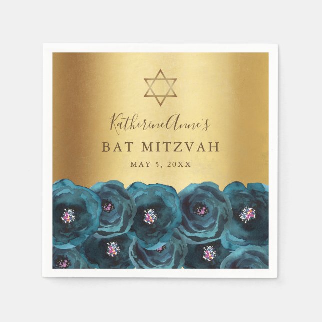 Elegant Teal Rose Floral Gold Bat Mitzvah Napkin (Front)
